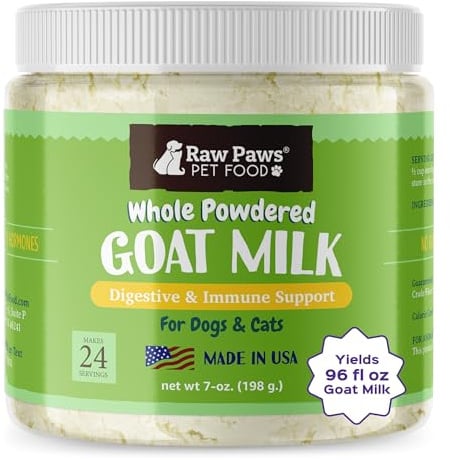 Raw Paws Whole Goat Milk Powder for Dogs and Cats, 7-oz - Made in USA - Powdered Goat Milk Dog Food Topper - Pet Nutritional Supplement to Support Healthy Digestion