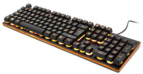 DELTACO GAMING Clavier Gamer PC PS4 Compact AZERTY Multimedia à Membrane Réduction Bruit - Rétroéclairé LED Orange Intensité Réglable Mode Respirant - 105 Touches Flottantes 25 Anti-Ghosting - USB Jaune - Noir