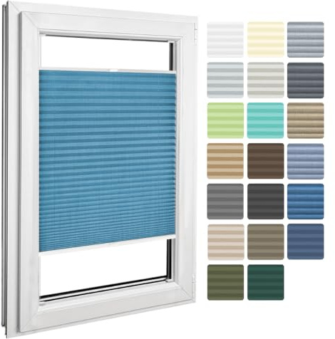 Home-Vision Plissee zum Anschrauben Melange Blau B85cm x H100cm | Leinenoptik Blickdicht Plissee Jalousie mit Halterungen zum Bohren in der Glasleiste Sonnenschutzrollo