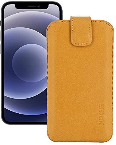 Suncase ECHT Leder Tasche kompatibel mit iPhone 12 (6.1) mit ZUSÄTZLICHER Transparent Hülle | Schale | Silikon Bumper Handytasche (mit Rückzugsfunktion und Magnetverschluss) in antik Camel