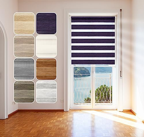 Doppelrollo Natural, Schwarz-Lila, 80x150cm - Duo-Rollo Klemm Fix mit Klemmträger, Fenster-Rollo/Seitenzug-Rollo ohne Bohren, lichtdurchlässig und verdunkelnd