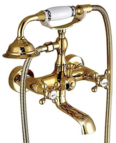 Robinet De Baignoire, Mitigeur Douche Montage Mural Avec Douche À Main, Mitigeur De Baignoire Double Poignée Laiton Avec Support Et Flexible 150Cm, Pour Salle De Bains, Antique Style, D'or