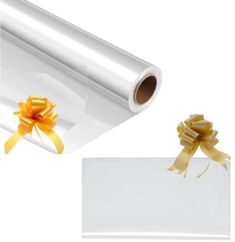 3m x 80cm Clear Cellophane Wrap & Gold Pull Bow Cellophane wrap for hampers Pre-Cut and Folded for Postage - Ideal for Gift Basket Hampers and Gift Wrapping