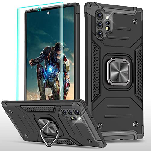 YmhxcY Compatible with Galaxy Note 10 Plus Case with 3D Curved Screen Protector,Armor Grade Cases with Rotating Holder Non-Slip Hybrid Case For Samsung Galaxy Note 10+ Plus KK Black