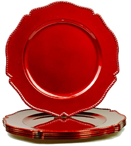 Umisriro Hot Red scalloped charger plates with beaded rim,13 inch plastic dinner chargers for wedding and party table settings, Glossy Finish (set of 6)