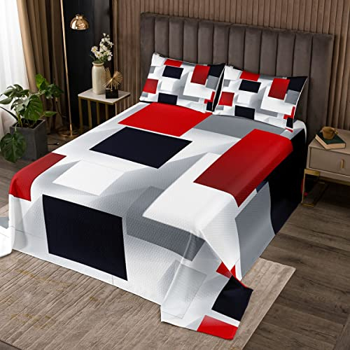 feelingyou 3D Geometrische Tagesdecke,Rot Schwarz Grau Abstrakt Quadratische Bettdecke Set, Bunt Kariertes Print Bettwäsche-Set,Weiches Polyester Gesteppt, LWHS1179CGcdx-260×240 cm