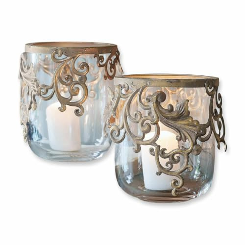 Loberon Windlicht 2er Set Sundini, antikgold/klar | Edler Vintage-Charakter, Florale Verzierungen, Mediterrane Note, Wohn-Accessoire, Glas, Stahl