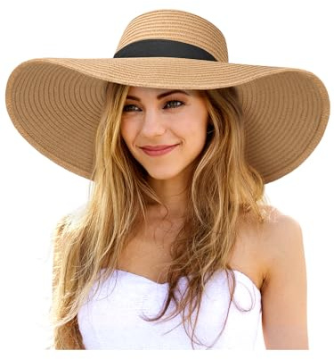 Floppy Sun Hats for Women, Summer Wide Brim Straw Beach Hat Khaki