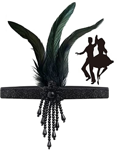 Kopfschmuck 20er Jahre Accessoires, FUKPO 1920s Stirnband Damen Haarreif Gatsby Kostüm Flapper Federn Haarband Schwarz