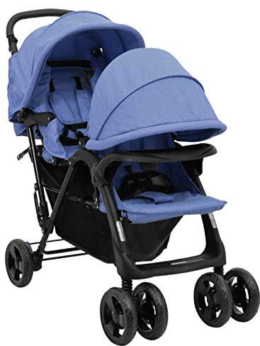 Tidyard Geschwisterwagen Zusammenklappbar Doppelkinderwagen Kinderwagen Zwillingswagen Zwillingsbuggy Buggy Marineblau Stahl