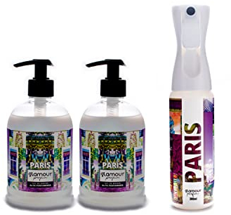 GLAMOUR PARFUM - Paris „Bella“ Feuchtigkeitsseife und Lufterfrischer-Paket für zu Hause | 2x Gel 500ml + 1x wiederverwendbarer Sprüher 300ml | Langanhaltender Duft | Anhaltender Duft
