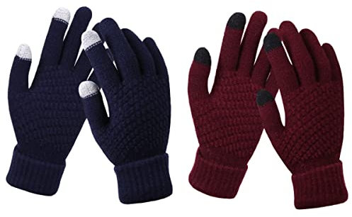 Rayson 2 Pares Guantes Termicos Mujer Invierno con Pantalla Tactil Forro Polar Gloves Winter Guantes Tactiles de Punto para Movil Ciclismo Deportes(Talla única, Azul y Burdeos)