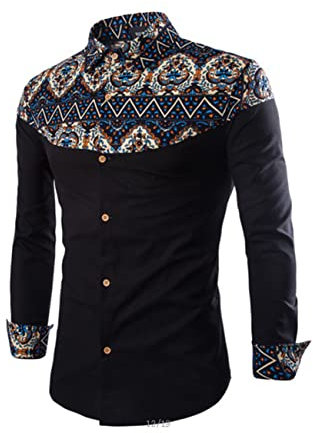 PECHEMO Lässige Bedruckte Herrenhemden Langarm-Baumwollhemd Funky Floral Hawaiihemd Herren Retro Traditionelles ethnisches Muster Farbblock Mode Freizeithemd Langarm Button-Down-Hemd M-4XL
