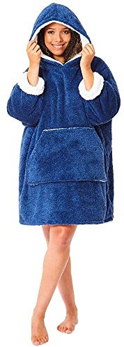 Just Essentials Kids Boys Girls Womens Soft Fleece Hoodie Wearable Blanket Oversized Sweatshirt - Adults Fluffy Navy - One Size