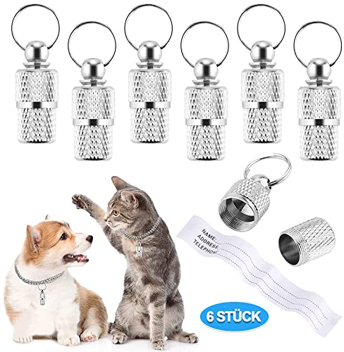 6PCS Tube D'étiquette D'identification de Chat Anti-Perdue étiquette-Adresse pour Chien Chat Pendentifs Porte-Adresse pour Collier Chat Personnalisable Collier Chien Argent ID Tag Porte-Clés