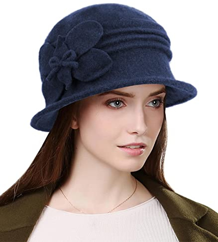 Sumolux Damen-Barettmütze, französischer Vintage-Stil, florales Wollkleid, Glocke, klassische Wintermütze, 1920er Jahre, D Marineblau, Large