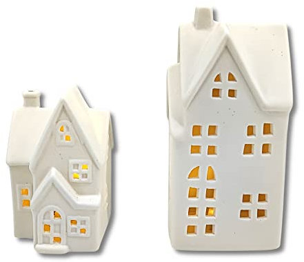 DARO DEKO Keramik LED Haus - Lichthaus weiß matt 2er Set