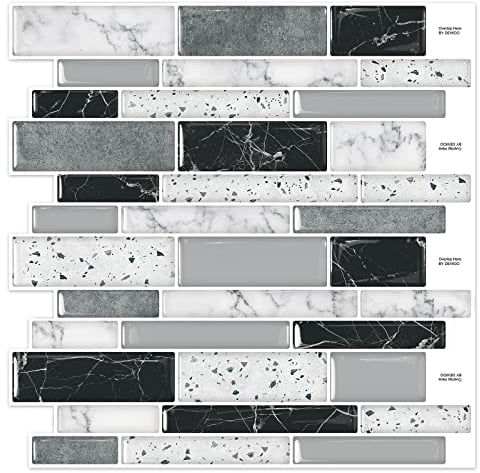 DEWOO Piastrelle autoadesive da parete, effetto marmo 3D, colore nero, per cucina e bagno (confezione da 10, 30,5 x 30,5 cm)