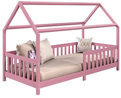 IDIMEX Lit cabane Nina lit Enfant Simple Montessori en Bois 90 x 190 cm, en pin Massif lasuré Rose