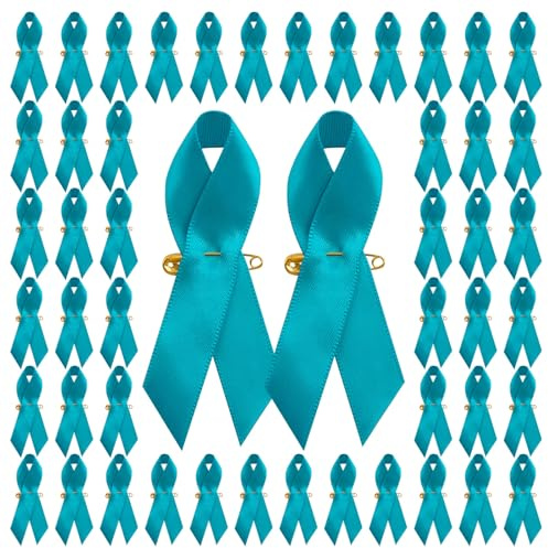 CRAFFANCY Lot de 100 Broches en Ruban de Satin Bleu Sarcelle, Sensibilisation au Cancer du col de l'utérus, traumatismes et Cancer de l'ovaire avec épingle de sûreté