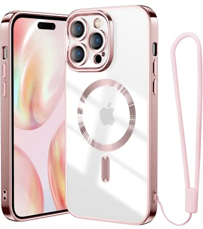 Meifigno Clear für iPhone 14 Pro Max Hülle [Kompatibel mit MagSafe & Anti Vergilbung][ Handschlaufe Lanyard] Weichen TPU Hülle Transparent Case iPhone 14 Pro Max für Frauen Mädchen, Rose Gold