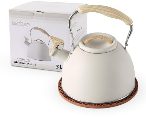 LONFFERY Tea Kettle for Stove Top, 3.2 Quart Whistling Tea Kettle, Food Grade Stainless Steel and Wood Pattern Folding Handle, Creamy White