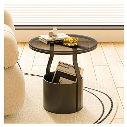 Table Basse Tables d'appoint d'intérieur et d'extérieur avec panier de rangement, petite table d'appoint ronde avec dessus de table en verre trempé et cadre en métal, for patio cour balcon jardin chev