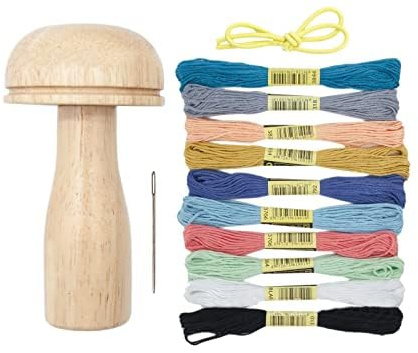 Darning Mushroom, Wood Darning Mushroom Set with Darning Needle, Sewing Thread, Sewing Darning Needle Darning Mushroom for DIY Hand Sewing Crafts, Socks, Clothes (Thread)