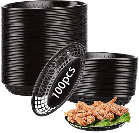 SHUESS 100 PCS Oval Plastic Food Baskets - 22 x 14 x 4 cm Black Food Basket for Serving - Reusable Food Serving Baskets for Restaurants, Parties, and Picnics, Ideal for Food, Bread, Fruit, Snacks