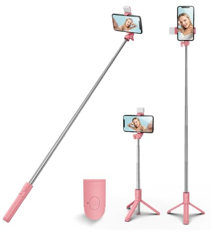 HCTian Selfie Stick Tripod with light,Extendable 360° Rotation Tripod Stand with Detachable Wireless Remote Portable 3 in 1 Phone Holder Compatible with iPhone,Android,samsung (pink+light)