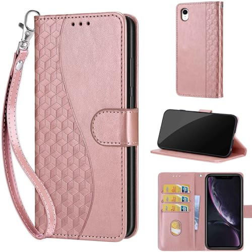 TOMYOU Wallet for iPhone XR Case, Rose Gold | Embossed PU Leather, Folio Flip Notebook Wallet, Magnet Closure, Kickstand, 3 Card Slots, Wrist Strap Lanyard
