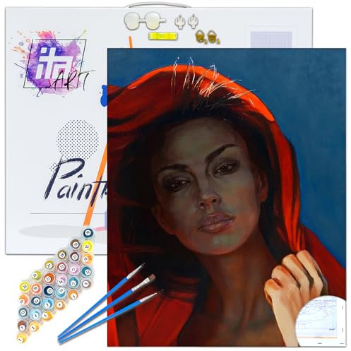 ITA Art Peinture par numéros Kit Complet avec châssis, peintures acryliques, pinceaux, Accessoires, boîte Cadeau - Kit de Peinture DIY avec Toile, 40x50 cm, La Femme en Rouge