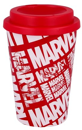 Elbenwald Termo Marvel - 390 ml - Vaso para llevar con tapa a rosca (altura 14 cm) - Rojo con motivo del logo de cómic