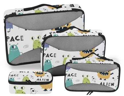 Reise-Packwürfel für Koffer, Farbe, niedliche Monster, Aliens, Weltraumreise-Organizer, Gepäck, Packwürfel, 4 Stück, Kompressionsbeutel, leichtes Set