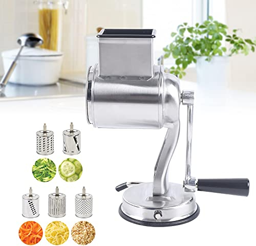Vegetable Cutter Drum Grater Manual Potato Grater Grater Crank Drum Grater Turn Stainless Steel 5 Drums Manual Vegetable Cutter for Salad Vegetable Onion Carrots Silver
