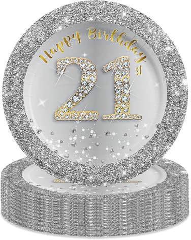 MORAINJAY 16Pcs Birthday Plates for 21,Silver and Gold 7inch Paper Plates for 21st Birthday Party,Small Paper Plates for Men Women Her Him,Birthday Tableware Set Party Supplies Table Decorations