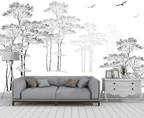 Naturempress Papier Peint Panoramique Croquis D'Arbre En Noir Et Blanc Papier Peint Intissé Tapisserie Poster Mural pour Salon Chambre Décoration Murale