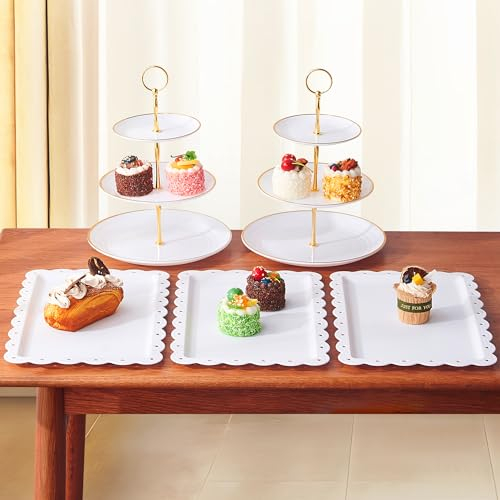 AWCIGG® Juego de Soporte para Tartas de 3 Pisos, 2 Piezas Soporte para Cupcakes de 3 Pisos + 3 Piezas Bandeja de Tartas, Blanco, Reutilizable para Fiestas, Boda, Cumpleaños, Baby Showers, Navidad