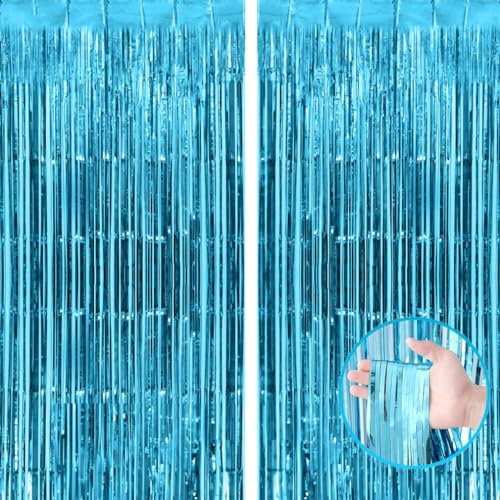 Yowlens Tinsel Curtain - 2pcs 3.2ft x 6.5ft Tinsel Curtains Pastel Foils Fringe Party Decoration Background Door Curtains Hanging Streamers for Birthday Child School Party (Light Blue)