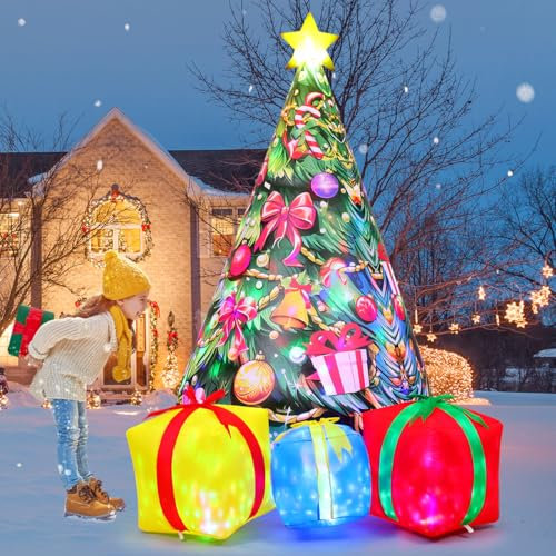GOOSH Árbol inflable de Navidad de 7.8 pies para decoración al aire libre, caja de regalo de árbol de Navidad con LED integrados para fiestas de vacaciones, decoración de jardín interior