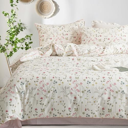 Freyamy Housse de Couette en Coton 240x260+2 Taie d'oreiller 65x65cm Beige Rose Coloré Feuilles Floral Parure de lit 2 Personnes Adulte Fleurs Sets de Housse Couette Fleurie avec Fermeture Éclair