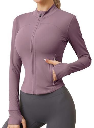 IECCP Veste de sport pour femme - Manches longues - Haut de gym - Haut de yoga - Fitness - Deux poches zippées - Veste de survêtement légère avec trou pour les pouces, Violet/rose., M