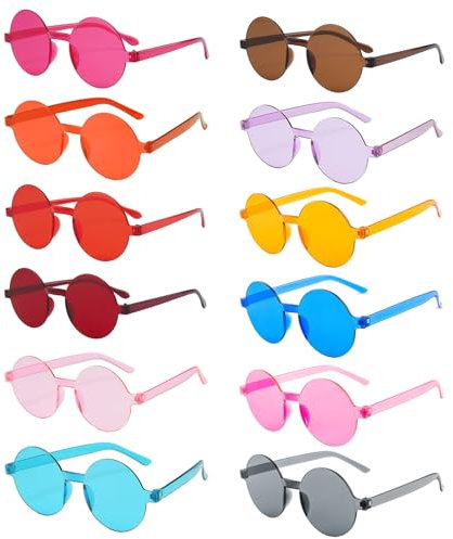 Dogmoon Circular Festival Glasses, 12 PCS Funky Hippie Rimless Party Glasses for Men Women, Retro Fancy Dress Accessory (12 Colors)