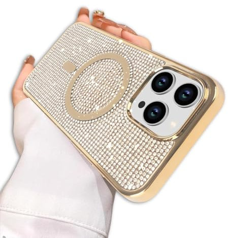 Case for iPhone 15 Pro Max, Phone Case [Compatible with MagSafe] Diamond Glitter Scratch Resistant Sparkle Bling Soft Skin Silicone [Protective Case] Case Cover for iPhone 15 Pro Max - Gold