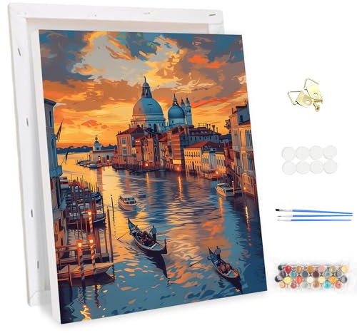 MEIYUDA Peinture par Numero Adulte avec Cadre, Scène de nuit à Venise DIY Peinture à l'huile par Numéros sur Toile Artisanat avec Pinceaux Peintures Acryliques, Decoration Maison Cadeau 30x40cm