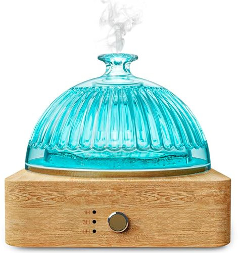 ALMA® Diffuser & Humidifier with Essential Oil and Glass Container of 200ml – Elegant Aromatherapy with Glass and Wood, LED Ambient Lighting, 10h Soothing Mist (Dome)