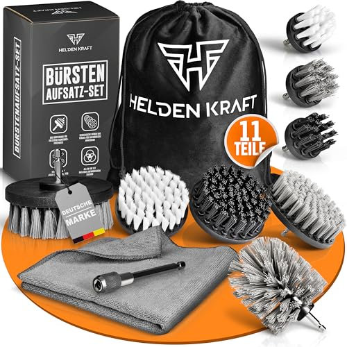 HELDENKRAFT® Bürstenaufsatz Akkuschrauber [11 Teile] - Bürsten-Aufsätze für Jede gängige Bohrmaschine - Aufsatz-Set zur Reinigung von Fliesen, Felgen, Terrasse & Co.