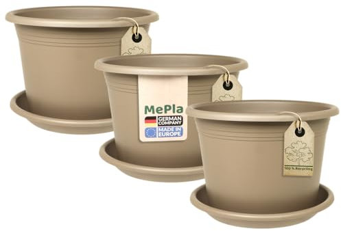 MePla Lot de 3 pots de fleurs Cylindro de 50 cm de diamètre + soucoupe de 49 cm de diamètre, taupe, résistant aux intempéries, en plastique résistant aux UV