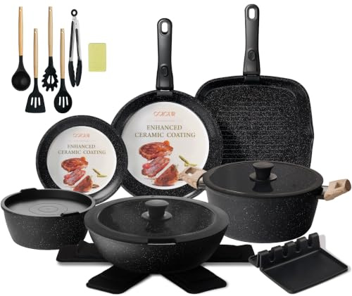 COICUR Keramik Topfsets Pfannenset 23 Teilig Antihaft Kochgeschirr mit Abnehmbarem Griff Stapelbar Topfset Für alle Herdarten, Bratpfanne 20/26cm, Milchtopf 18cm, Schmorpfanne 24cm Ofenfest, Schwarz