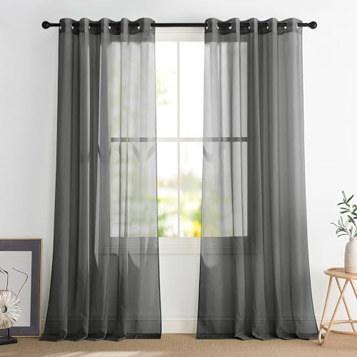 PONY DANCE Dark Grey Voile Curtains 66 x 90 Inches, Extra Long Semi Transparent Window Net Curtains Eyelet Top Lightweight Sheer Panels for Bedroom/Patio Door/Living Room, Set of 2